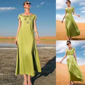 Etnische kleding vintage maxi jurk vrouwen satijn abaya avondjurken korte mouw diamant bloemen losse riem duste dubai marokkaanse kaftan