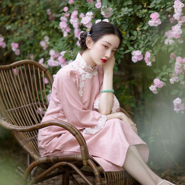 Vêtements ethniques Vintage Rose Dentelle Cheongsams Sexy Robes Améliorées Robe Chinoise Élégant Col Mandarin Banquet Robe Casual Oriental Qipao