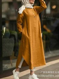 Vêtements ethniques Vintage Ramadan Musulman Femmes Long Top Robe Abaya Split Midi Robe Slve Vestidos Femme Poches solides Robe Abayas 2021 T240515