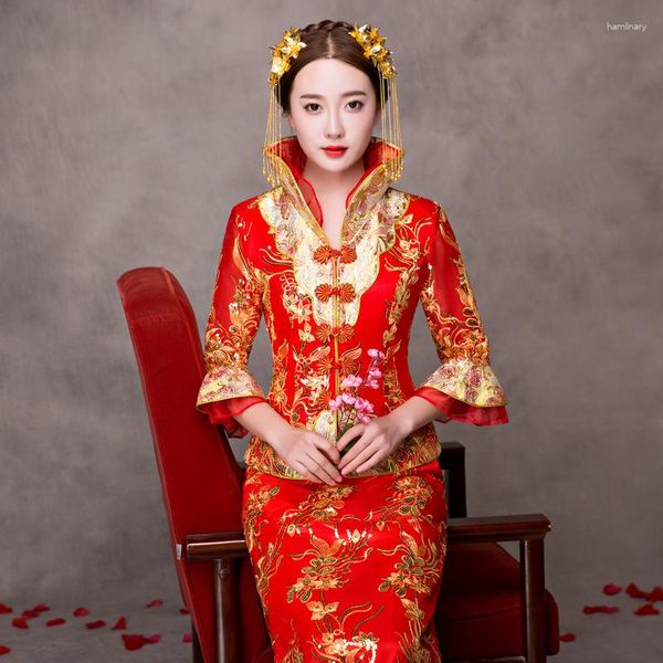 Vêtements ethniques Vintage Rouge Broderie De Mariée Cheongsam Moderne Style Traditionnel Chinois Robe De Mariée Oriental Femmes Qipao Vestidos Taille