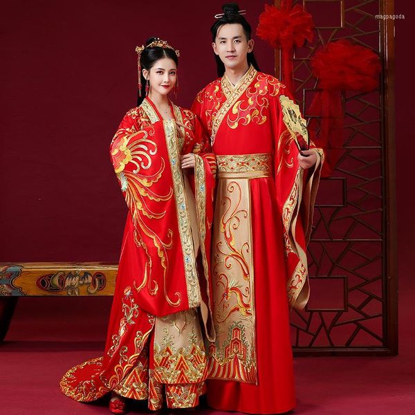 Vêtements ethniques Vintage Rouge Style Chinois Mariage Robe De Mariée De Haute Qualité Embroid Chargement Hommes Et Femmes Broderie Hanfu Traditionnelle