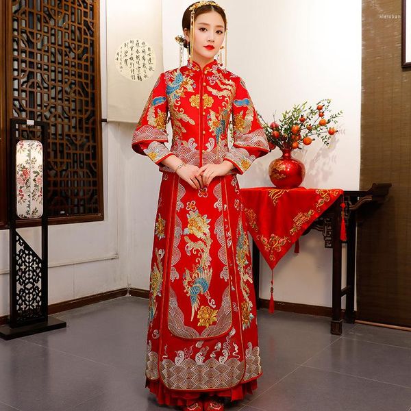 Ropa étnica Vintage rojo bordado Cheongsam moderno estilo chino tradicional vestido de novia Oriental mujeres largo Qipao Vestidos