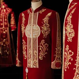 Etnische Kleding Vintage Rood Velours Pailletten Kralen Borduurwerk Elegante Oosterse Tang Suits Chinese Traditionele Bruiloft Qipao Kostuum