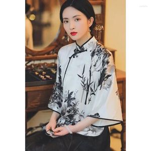 Vêtements ethniques Vintage Satin Encre Peinture Imprimé À Manches Longues Tang Costume Top Femmes Automne Élégant Cheongsam Vêtements Qipao