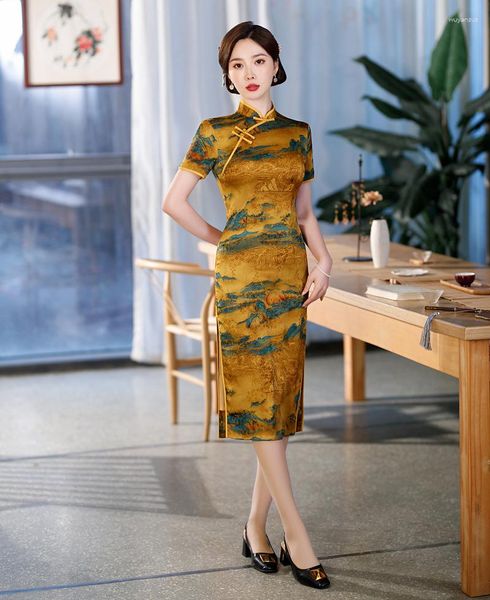 Ropa étnica Vintage tradicional chino mujeres impreso satén Cheongsam hasta la rodilla Qipao fiesta vestido de graduación vestido de noche