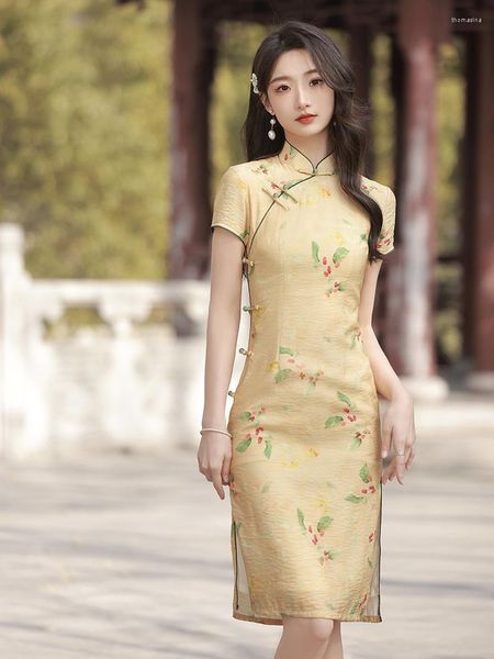 Vêtements ethniques Vintage Femmes Sexy Slim Split Qipao Chinois Traditionnel Floral Imprimé Coton Lin Cheongsam Robe De Soirée