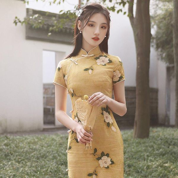 Ropa étnica Vintage mujeres Slim Qipao Sexy estampado flor vestido de fiesta estilo chino chicas jóvenes diario Qi Pao tradicional asiático señoras