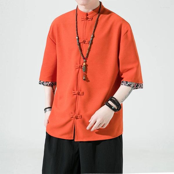 Vêtements ethniques Waffle Men de style chinois Hanfu Shirts à manches courtes 2024 Été pour hommes Tang Suit Disc Boucle de boucle