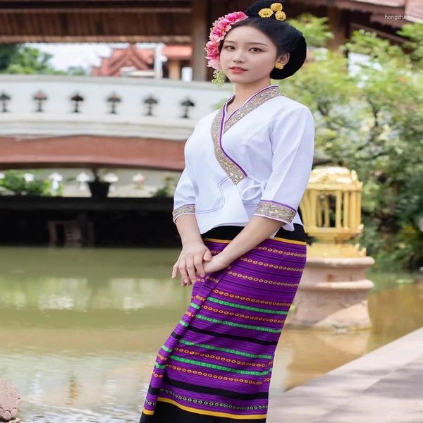 Ropa étnica Camarera Dai Falda superior para mujer Conjunto Estilo chino Trabajo único Turismo Turismo Vacaciones