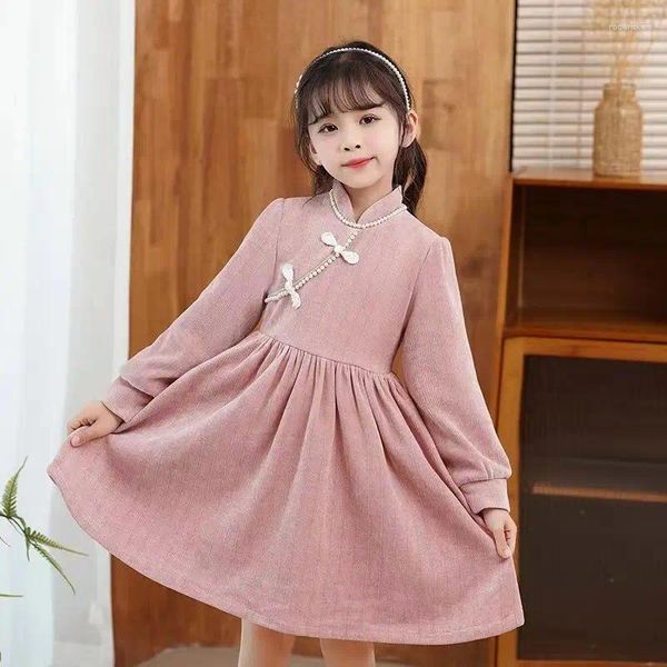 Ropa étnica Agua Estilo chino Año de los niños Ropa de llamada para niños Disfraz Vestidos rojos de niña Cálido Rosa Invierno Moderno Hanfu Pipao