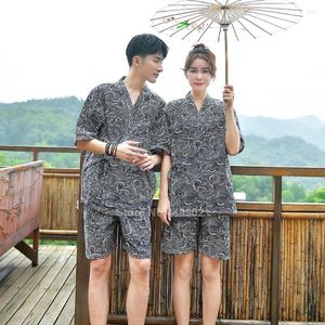 Vêtements ethniques Vague Imprimer Coton Japonais Kimono Jinbei Pyjamas Ensemble pour hommes Femmes Couple V-Col Bain Yukata Pyjamas de nuit