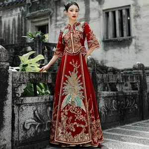 Vêtements ethniques Robe de mariée Fleur rouge Broderie Sequin Décoration Femme HighEnd Xiuhe Chinois SlimFit Dragon et Phoenix Robe 231212