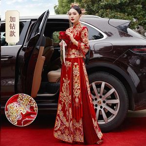 Etnische kleding Trouwjurk Traditionele mandarijnkraag Cheongsam Chinese stijl bruid Oud huwelijkskostuum Rood borduurwerk Qipao