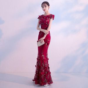 Etnische kleding bruiloft Long Qipao luxe gewaad donkere rode bruid feest Chinese stijl cheongsam oosterse vrouwen elegante slanke jurk mode