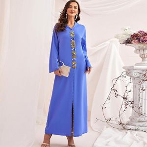 Etnische kleding Wepbel Djellaba Eid Abaya Ramadan Maxi Dress Women Blue Gold Tube Rhinestone met islamitische kalkoen Kaftan Robe Kap