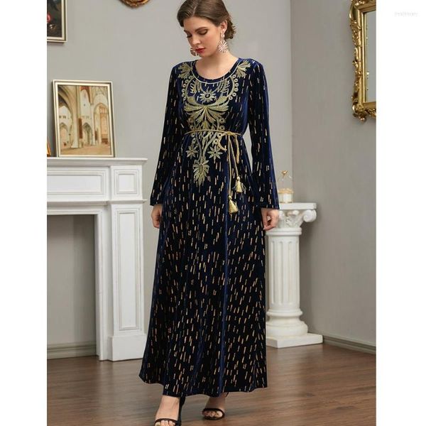 Vêtements ethniques Wepbel Maxi Abaya Caftan islamique loisirs arabe Robe musulmane femmes bleu plante brodé or velours taille Robe