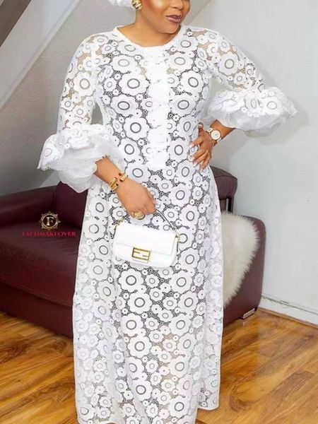 Vêtements ethniques blanc robes élégantes africaines pour femmes évider mode musulmane Abayas Dashiki Robe caftan longue Maxi Robe 230419