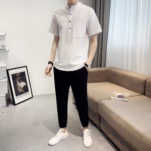 Ropa étnica Blanco Negro Mandarin Collar Han Moda china para hombres 2 PCE Conjuntos Sport Orient Blusa y pantalones Shanghai Traje Hombres