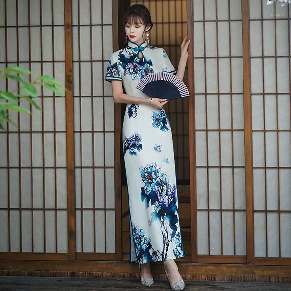 Vêtements ethniques Blanc Robe De Mariée Robe De Mariée Élégant Imprimé Floral Femmes Cheongsam Classique Vintage Bouton Qipao Plus La Taille 3XL Long Vestidos