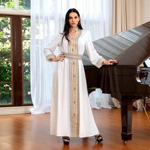 Etnische kleding witte jurk vrouwen moslim eid riem abaya feest avondjurk binnenste Saoedi -Arabisch goud kanten borduurwerk jalabiya marokkaanse kaftan