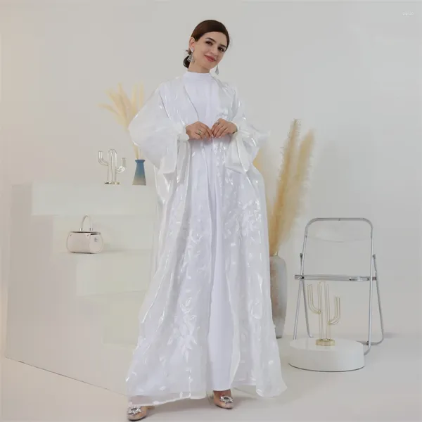 Vêtements ethniques Blanc Broderie Brillant Femmes Musulman Ouvert Abaya Maxi Robe Turquie Kaftan Dubaï Saoudien Eid Ramadan Kimono Robe À Manches Bouffantes