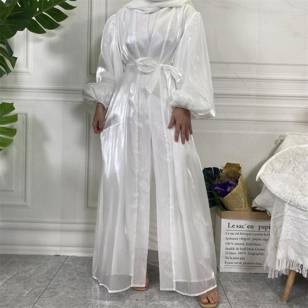 Vêtements ethniques Kimono blanc Abaya été brillant Satin manches ballon musulman Hijab robe saoudienne ouverte Abayas pour femmes Dubai Cardigan Turquie