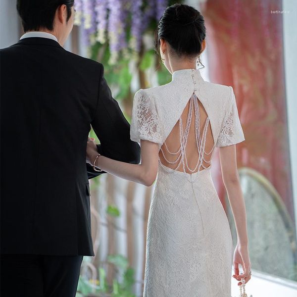 Vêtements ethniques Jupe Cheongsam en dentelle blanche 2023 printemps luxe Luxury Petite mariée mariage Open arrière