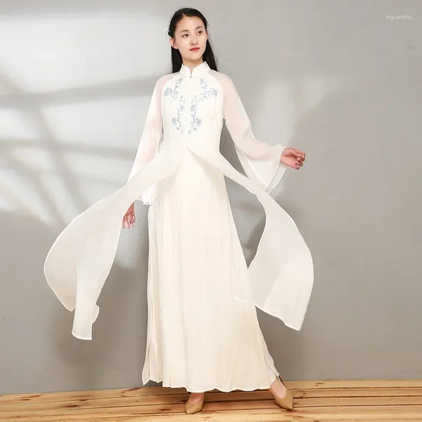 Vêtements ethniques Blanc Moderne Chinois Robe À Manches Longues Col Mandarin Robes Festa Femelle Oriental Max Robes Élégantes 11235