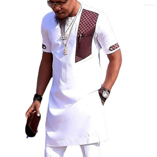 Camisa de vestir africana de retazos blancos, ropa étnica para hombres, ropa africana de manga corta, ropa de calle, atuendo tradicional africano informal para hombres