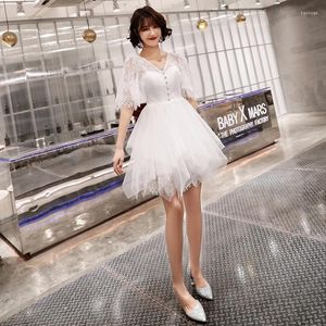 Etnische kleding witte prom jurk 2023 V-hals korte mouw geborduurde chiffon jurken vrouwen feestavond mini vestidos de gala