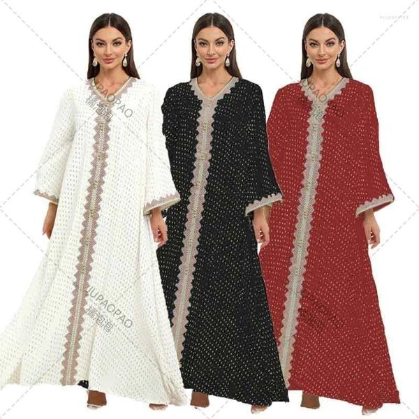 Vêtements ethniques Blanc Satin Rayé Jacquard Maxi Robe Femmes Élégant Col V Ruban Doré Garniture Dubaï Arabe Musulman Abaya Marocain Kaftan Eid