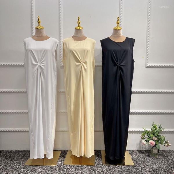 Ropa étnica Blanco debajo de Abaya Vestido Islámico Dentro Abayas Robe All-Match Sólido Sin mangas Slip Interior Musulmán Mujeres Dubai Turquía Árabe