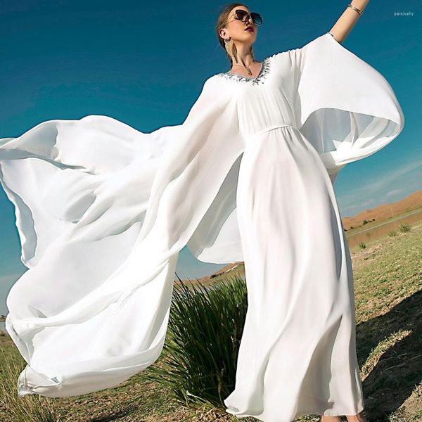 Ropa étnica blanca con cuello en V Cabo Swing Vestido Diamantes Kaftan Mujeres Dubai Abaya Capa Vestidos de fiesta Musulmán Islámico Marruecos Caftan Jilbab