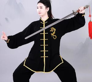 Ropa étnica al por mayor hombres chinos mujeres trajes de kung fu bordado dragón dorado manga larga tai chi arte marcial uniforme conjunto 231212