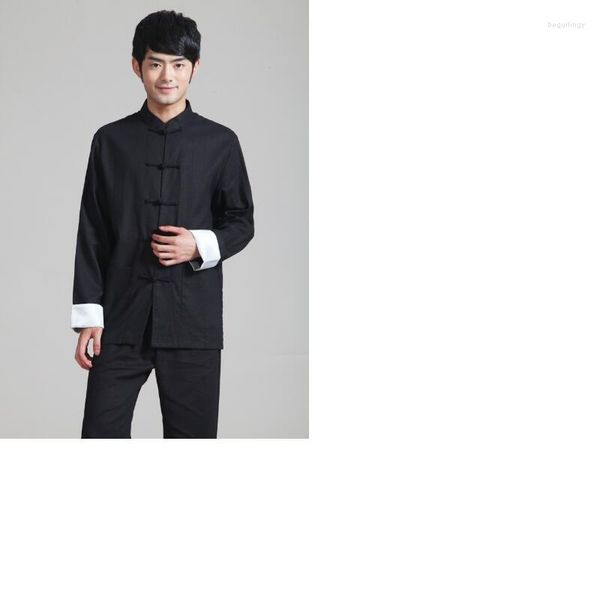 Vêtements ethniques en gros Style chinois hommes coton lin Tang costume à manches longues Tai Chi Arts martiaux noir veste pantalon ensemble