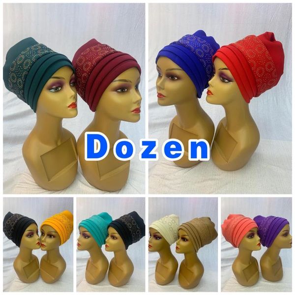 Ropa étnica Venta al por mayor Moda Musulmana Femenina Turbante Sombrero Bonnet Tela Elástica Rhinestone Sólido Beanie Gorros de pelo Cap para mujeres