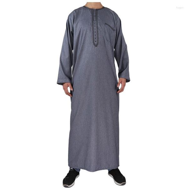 Ropa étnica al por mayor thobe algodón casual bordado árabe manga larga redonda de túnica islámica vestida árabe abaya jubba hombres musulmanes