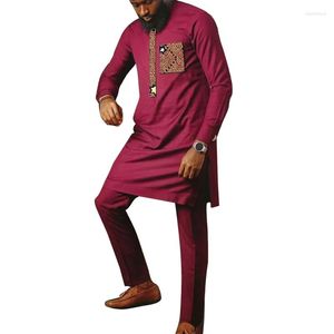 Vêtements ethniques vin rouge ensemble pour hommes chemise à imprimé africain Patch pantalon Cool Feeling Patchwork hauts avec pantalon sur mesure tenues nigérianes
