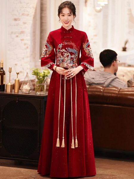 Vêtements ethniques Vin Rouge Qipao Fille Mariée Traditionnelle Chinoise Soirée De Mariage Robe Longue Velours Broderie Cheongsam Robes De Fête Chine