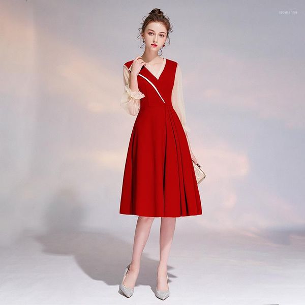 Vêtements ethniques Vin Rouge Vintage Robe De Mariage Toast Sexy Dentelle Manches Col En V Fiançailles Qipao Mode Quotidienne Robes De Cocktail Françaises