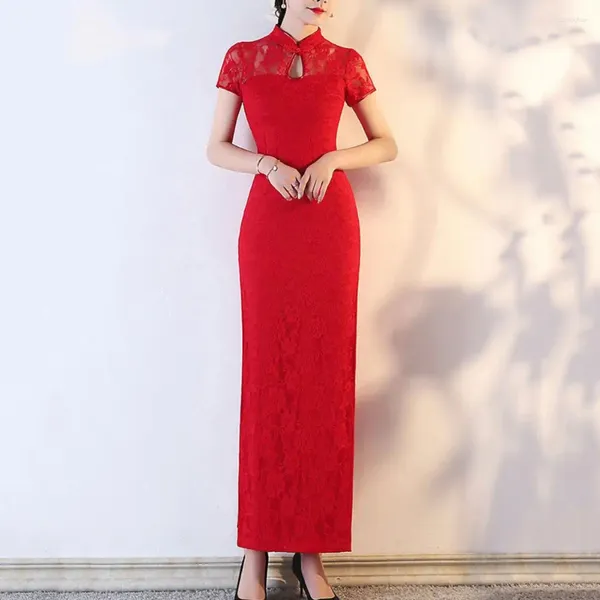 Vêtements ethniques Vin Rouge Mariage Cheongsam À Manches Courtes Vintage Amélioré Femmes Robe En Dentelle D'été Slim-Fit Élégant Qipao