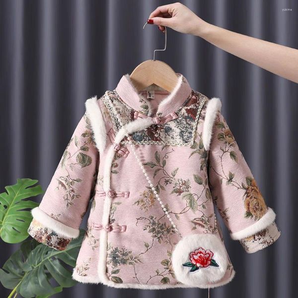 Vêtements ethniques Hiver Bébé Filles Hanfu Enfants Princesse Tang Cheongsam Qipao Robe Broderie Coton-Tampon Enfants Année Rouge Robes