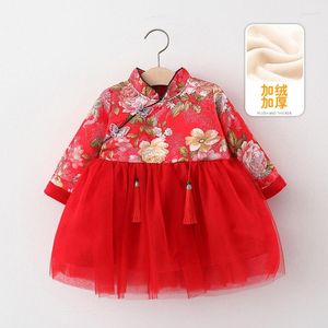 Vêtements ethniques hiver année chinoise pour les filles velours épaissir robe enfant Cheongsam enfants Hanfu voile princesse jupe rouge bébé