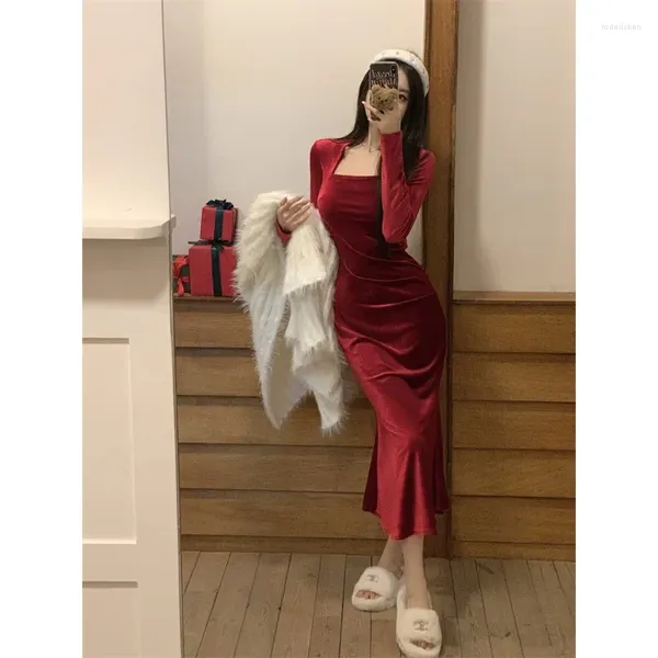 Vêtements ethniques Hiver Année de Noël Rouge Velvet Hip Fishtail Robe Longue Jupe Chinoise Imrpoved Quotidien Qipao Femmes Sexy