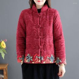 Ropa étnica invierno estilo nacional bordado grueso abrigo corto mujeres chino Vintage chaqueta acolchada suelta tradición femenina Tan235V