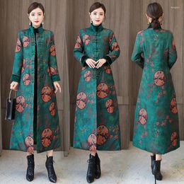 Etnische kleding Winter Nationaal Vintage Traditioneel China Tangpak Vrouwen Chinese stijl Trench jas Midlengte slanke dikke warme gewatteerde jas