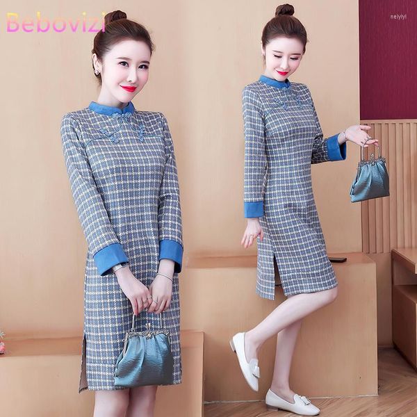 Vêtements ethniques hiver daim grande taille M-4XL bleu treillis Vintage fête Cheongsam robe pour femmes à manches longues Qipao traditionnel chinois