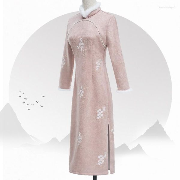 Vêtements ethniques Hiver Daim Épaissi Rose Mi-Longueur Cheongsam Style Chinois Moderne Qipao Mariage Soirée Robe Asiatique Pour Élégant