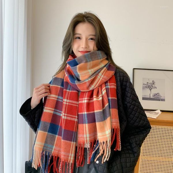 Vêtements ethniques Hiver Vintage Femmes Tricoté Plaid Longue Écharpe Belles Filles Épaissir Chaud Pashmina Foulards Châles avec Gland Doux Cachemire