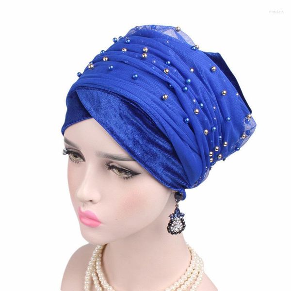 Vêtements ethniques hiver chaud velours femmes écharpe Turban perles foulard Bonnet musulman Hijab Turbans chapeau africain sous casquettes